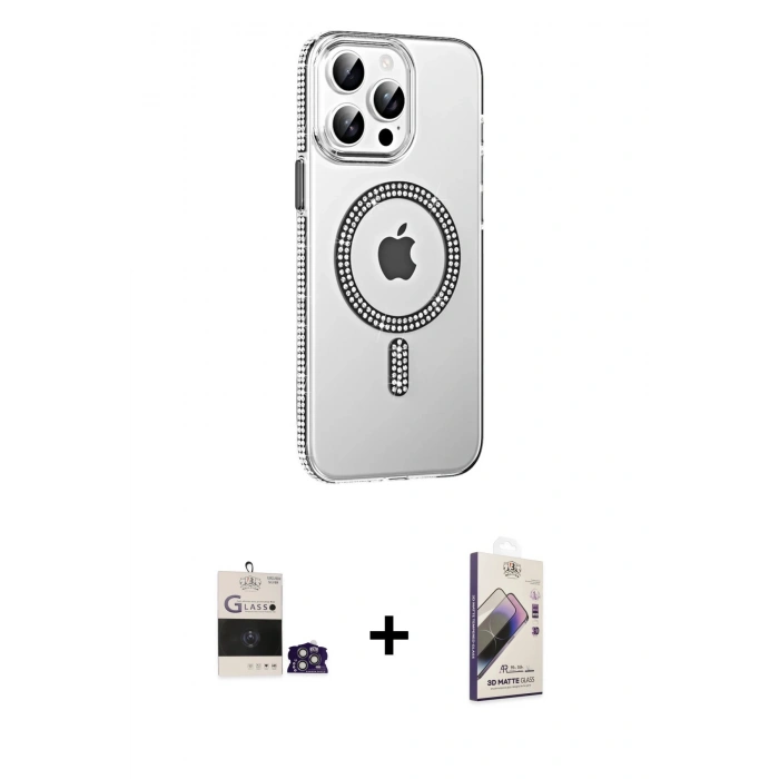 MARSİLYAN™- iPhone 14 Pro Max Kılıf Yörünge Koleksiyonu - Siyah Bilvis 3D Mat Cam Ekran Koruyucu + Gümüş Bilvis Titan Kamera Lens