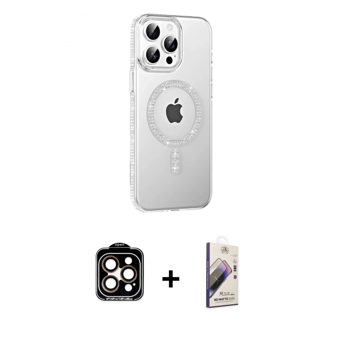 MARSİLYAN™- iPhone 14 Pro Max Kılıf Yörünge Koleksiyonu - Siyah Bilvis 3D Mat Cam Ekran Koruyucu + PVD Metal Kamera Lens - TU