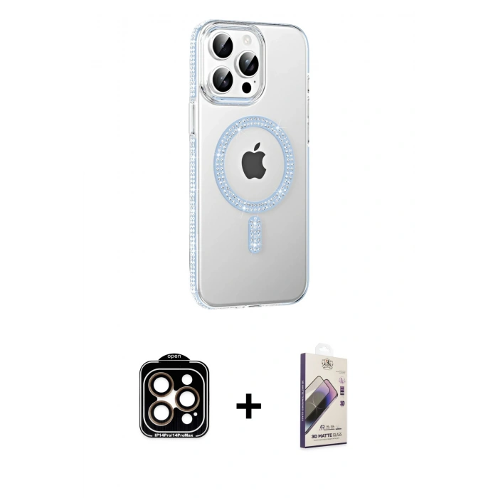 MARSİLYAN™- iPhone 14 Pro Max Kılıf Yörünge Koleksiyonu - Siyah Bilvis 3D Mat Cam Ekran Koruyucu + PVD Metal Kamera Lens - TU