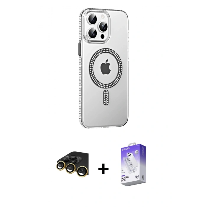 MARSİLYAN™- iPhone 14 Pro Max Kılıf Yörünge Koleksiyonu - Siyah Bilvis 5in1 3D Magic Cam Ekran Koruyucu + Raze Metal Kamera Lens - GD