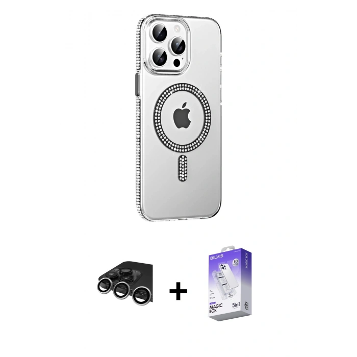 MARSİLYAN™- iPhone 14 Pro Max Kılıf Yörünge Koleksiyonu - Siyah Bilvis 5in1 3D Magic Cam Ekran Koruyucu + Gümüş Raze Metal Kamera Lens
