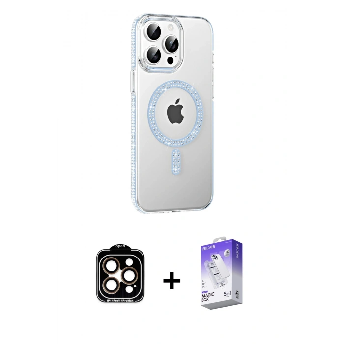 MARSİLYAN™- iPhone 14 Pro Max Kılıf Yörünge Koleksiyonu - Siyah Bilvis 5in1 3D Magic Cam Ekran Koruyucu + PVD Metal Kamera Lens - TU