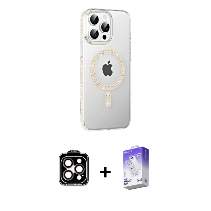 MARSİLYAN™- iPhone 14 Pro Max Kılıf Yörünge Koleksiyonu - Siyah Bilvis 5in1 3D Magic Cam Ekran Koruyucu + PVD Metal Kamera Lens - TU