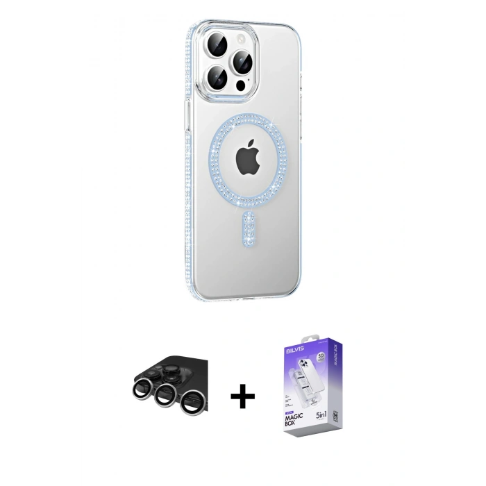 MARSİLYAN™- iPhone 14 Pro Max Kılıf Yörünge Koleksiyonu - Siyah Bilvis 5in1 3D Magic Cam Ekran Koruyucu + Gümüş Raze Metal Kamera Lens