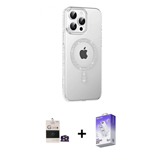 MARSİLYAN™- iPhone 14 Pro Max Kılıf Yörünge Koleksiyonu - Siyah Bilvis 5in1 3D Magic Cam Ekran Koruyucu + Gold Bilvis Titan Kamera Lens