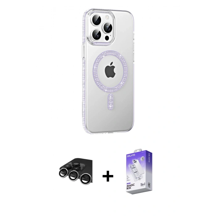 MARSİLYAN™- iPhone 14 Pro Max Kılıf Yörünge Koleksiyonu - Siyah Bilvis 5in1 3D Magic Cam Ekran Koruyucu + Gümüş Raze Metal Kamera Lens