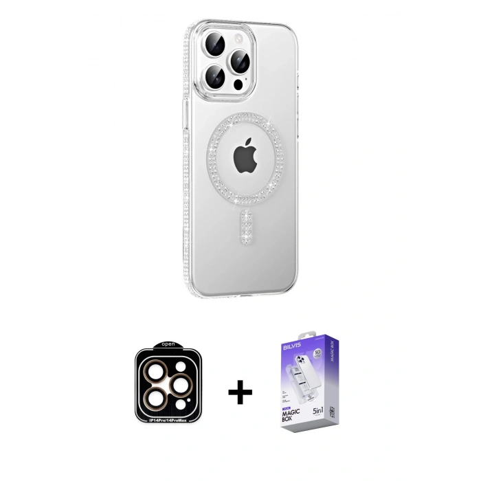 MARSİLYAN™- iPhone 14 Pro Max Kılıf Yörünge Koleksiyonu - Siyah Bilvis 5in1 3D Magic Cam Ekran Koruyucu + PVD Metal Kamera Lens - TU