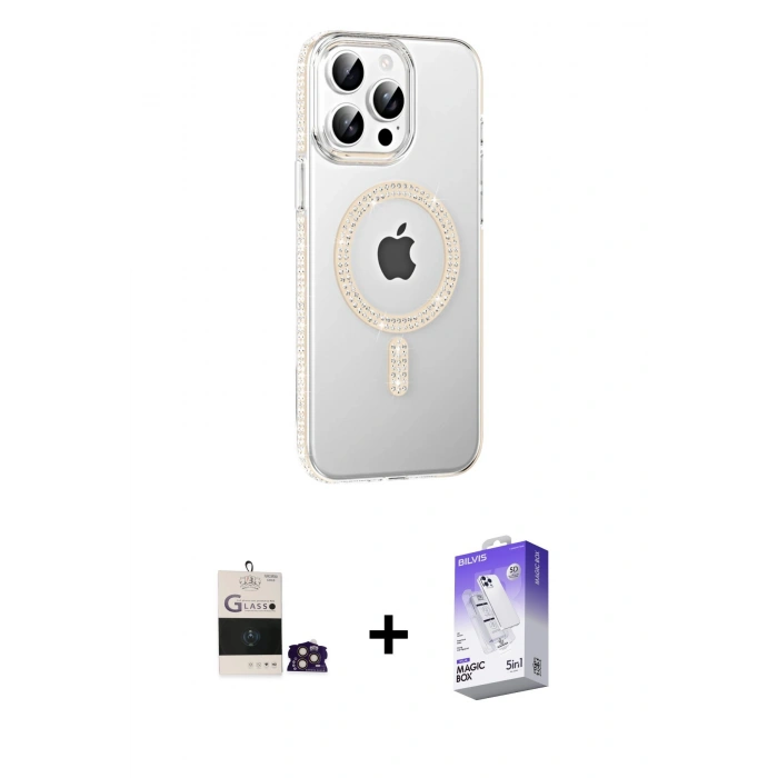 MARSİLYAN™- iPhone 14 Pro Max Kılıf Yörünge Koleksiyonu - Siyah Bilvis 5in1 3D Magic Cam Ekran Koruyucu + Gold Bilvis Titan Kamera Lens