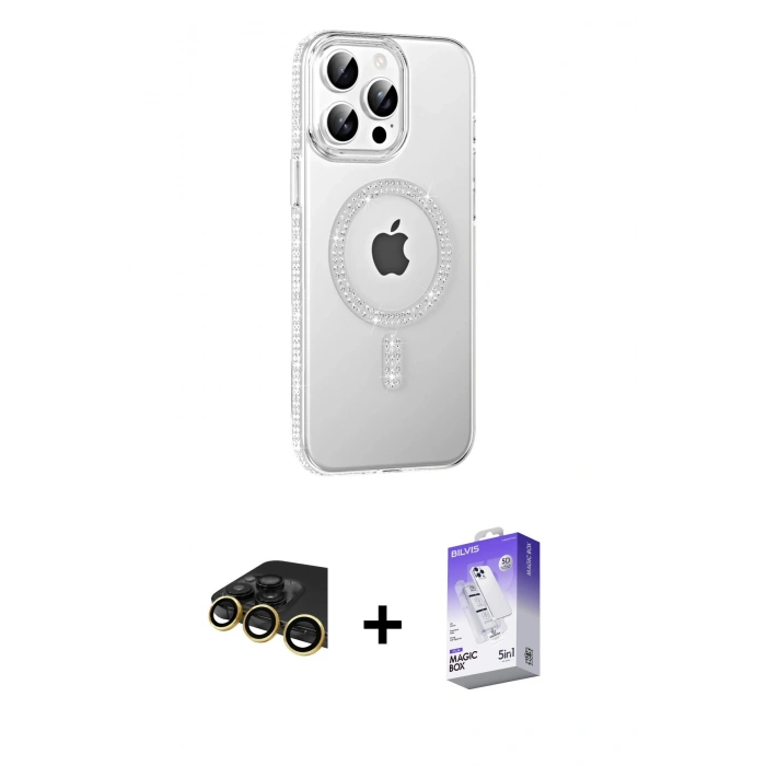 MARSİLYAN™- iPhone 14 Pro Max Kılıf Yörünge Koleksiyonu - Siyah Bilvis 5in1 3D Magic Cam Ekran Koruyucu + Raze Metal Kamera Lens - GD