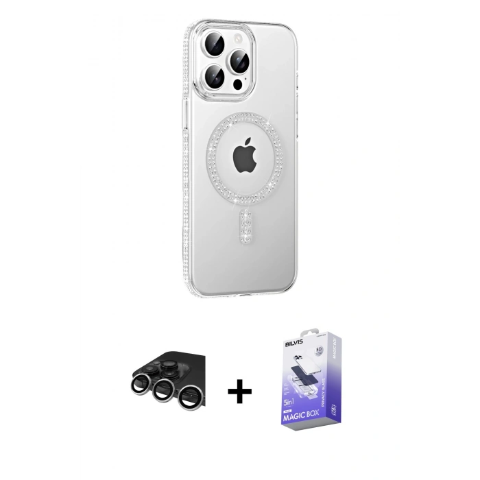 MARSİLYAN™- iPhone 14 Pro Max Kılıf Yörünge Koleksiyonu - Siyah Bilvis 5in1 5D Magic Hayalet Cam Ekran Koruyucu + Gümüş Raze Metal Kamera Lens