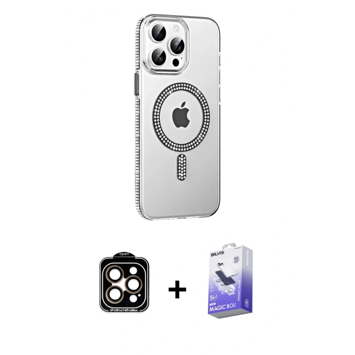 MARSİLYAN™- iPhone 14 Pro Max Kılıf Yörünge Koleksiyonu - Siyah Bilvis 5in1 5D Magic Hayalet Cam Ekran Koruyucu + PVD Metal Kamera Lens - TU