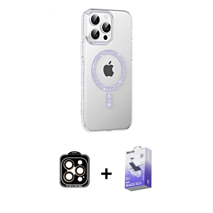 MARSİLYAN™- iPhone 14 Pro Max Kılıf Yörünge Koleksiyonu - Siyah Bilvis 5in1 5D Magic Hayalet Cam Ekran Koruyucu + PVD Metal Kamera Lens - TU