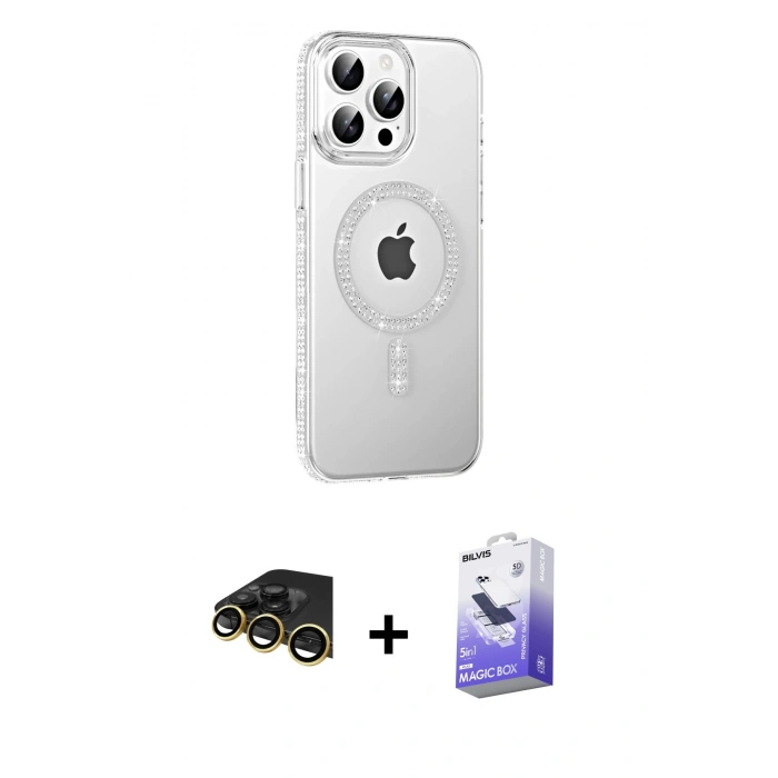 MARSİLYAN™- iPhone 14 Pro Max Kılıf Yörünge Koleksiyonu - Siyah Bilvis 5in1 5D Magic Hayalet Cam Ekran Koruyucu + Raze Metal Kamera Lens - GD