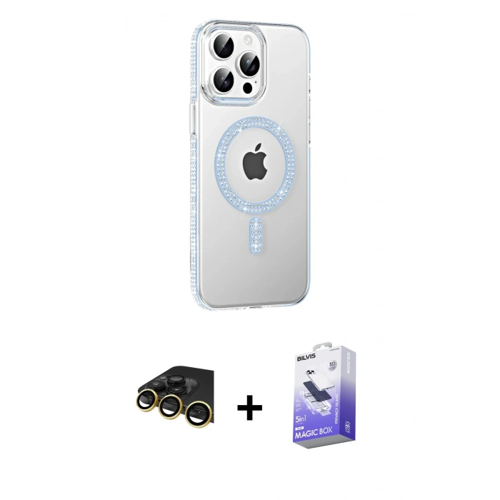 MARSİLYAN™- iPhone 14 Pro Max Kılıf Yörünge Koleksiyonu - Siyah Bilvis 5in1 5D Magic Hayalet Cam Ekran Koruyucu + Raze Metal Kamera Lens - GD