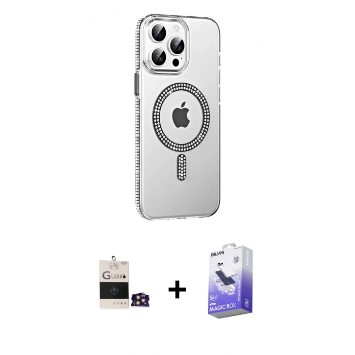 MARSİLYAN™- iPhone 14 Pro Max Kılıf Yörünge Koleksiyonu - Siyah Bilvis 5in1 5D Magic Hayalet Cam Ekran Koruyucu + Bilvis Titan Kamera Lens - GD