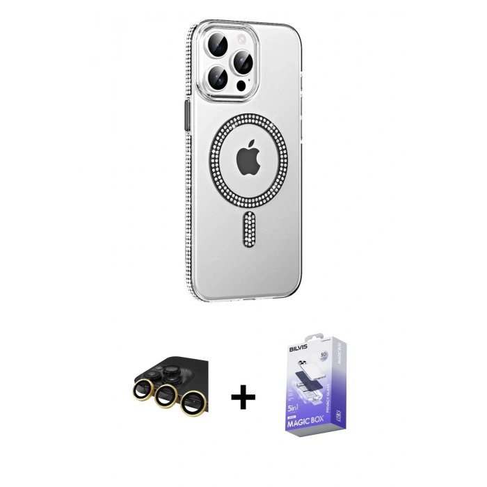 MARSİLYAN™- iPhone 14 Pro Max Kılıf Yörünge Koleksiyonu - Siyah Bilvis 5in1 5D Magic Hayalet Cam Ekran Koruyucu + Raze Metal Kamera Lens - GD