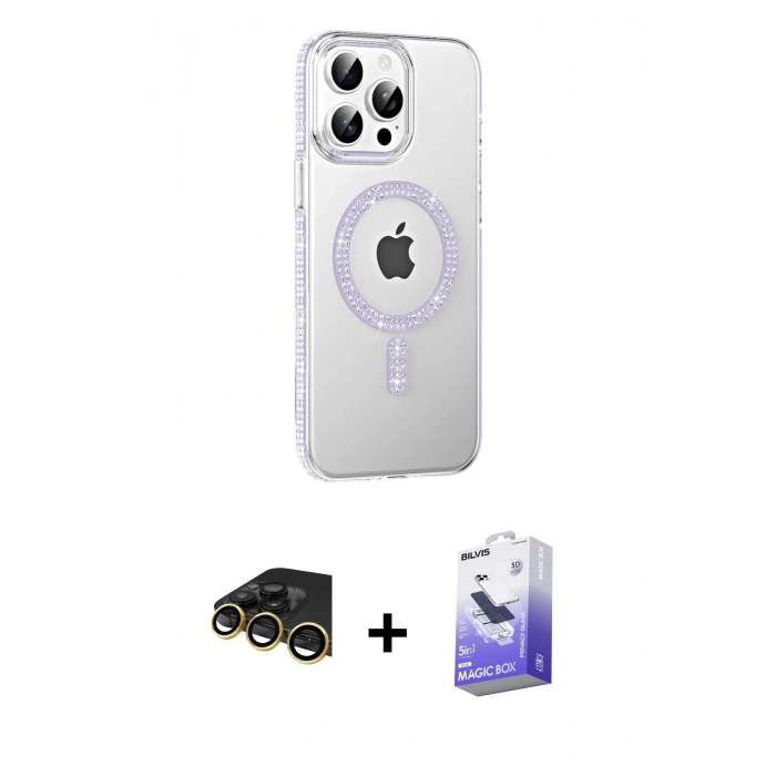 MARSİLYAN™- iPhone 14 Pro Max Kılıf Yörünge Koleksiyonu - Siyah Bilvis 5in1 5D Magic Hayalet Cam Ekran Koruyucu + Raze Metal Kamera Lens - GD