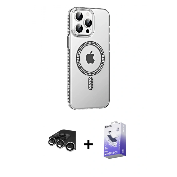 MARSİLYAN™- iPhone 14 Pro Max Kılıf Yörünge Koleksiyonu - Siyah Bilvis 5in1 5D Magic Hayalet Cam Ekran Koruyucu + Gümüş Raze Metal Kamera Lens