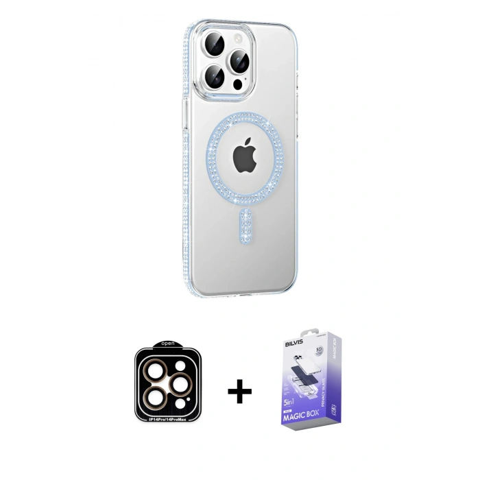 MARSİLYAN™- iPhone 14 Pro Max Kılıf Yörünge Koleksiyonu - Siyah Bilvis 5in1 5D Magic Hayalet Cam Ekran Koruyucu + PVD Metal Kamera Lens - TU