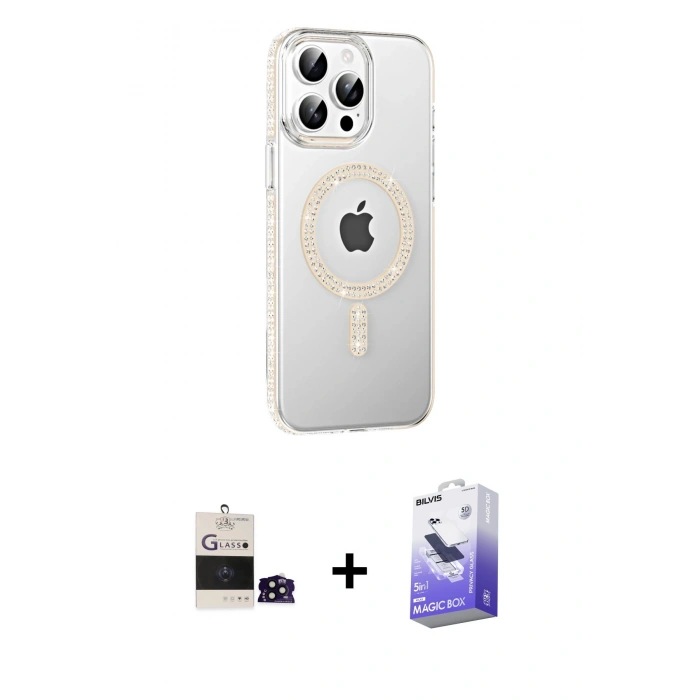 MARSİLYAN™- iPhone 14 Pro Max Kılıf Yörünge Koleksiyonu - Siyah Bilvis 5in1 5D Magic Hayalet Cam Ekran Koruyucu + Bilvis Titan Kamera Lens - SH