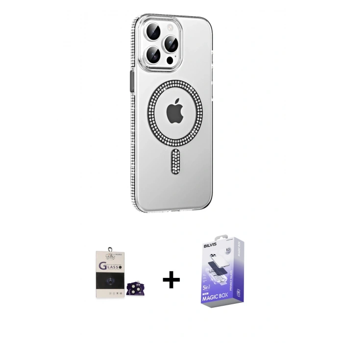 MARSİLYAN™- iPhone 14 Pro Max Kılıf Yörünge Koleksiyonu - Siyah Bilvis 5in1 5D Magic Hayalet Cam Ekran Koruyucu + Bilvis Titan Kamera Lens - SH