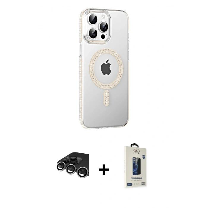 MARSİLYAN™- iPhone 14 Pro Max Kılıf Yörünge Koleksiyonu - Siyah Bilvis Hayalet Cam Ekran Koruyucu + Raze Metal Kamera Lens - GS