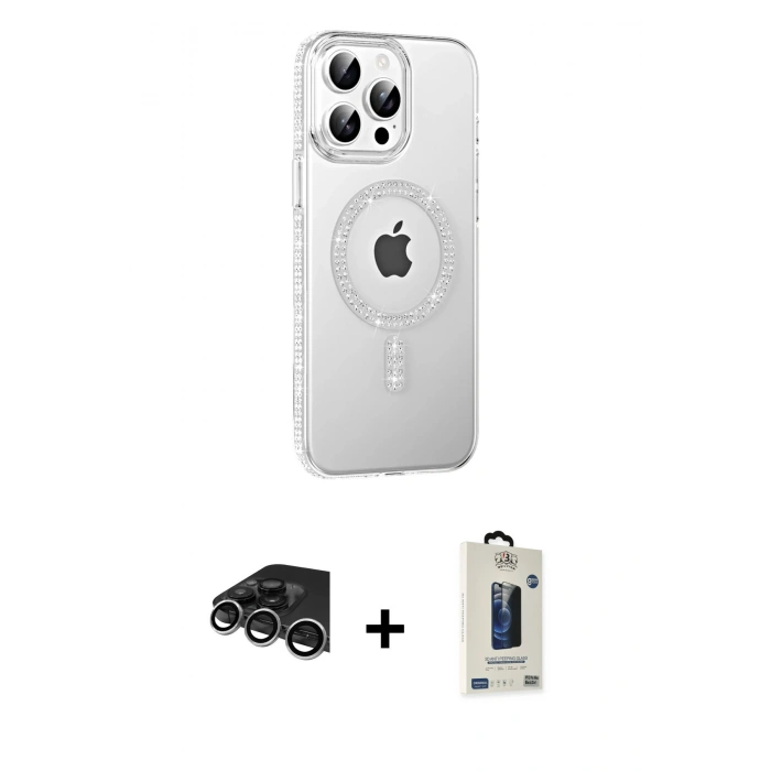 MARSİLYAN™- iPhone 14 Pro Max Kılıf Yörünge Koleksiyonu - Siyah Bilvis Hayalet Cam Ekran Koruyucu + Raze Metal Kamera Lens - GS
