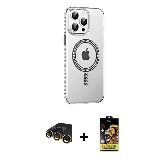 MARSİLYAN™- iPhone 14 Pro Max Kılıf Yörünge Koleksiyonu - Siyah Buffer Cam Ekran Koruyucu + Raze Metal Kamera Lens - GD