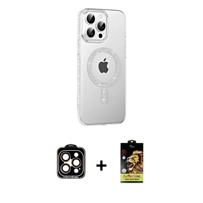 MARSİLYAN™- iPhone 14 Pro Max Kılıf Yörünge Koleksiyonu - Siyah Buffer Cam Ekran Koruyucu + PVD Metal Kamera Lens - TU