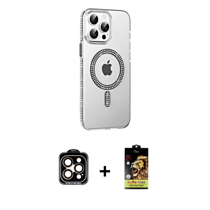 MARSİLYAN™- iPhone 14 Pro Max Kılıf Yörünge Koleksiyonu - Siyah Buffer Cam Ekran Koruyucu + PVD Metal Kamera Lens - TU