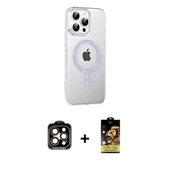 MARSİLYAN™- iPhone 14 Pro Max Kılıf Yörünge Koleksiyonu - Siyah Buffer Cam Ekran Koruyucu + PVD Metal Kamera Lens - TU