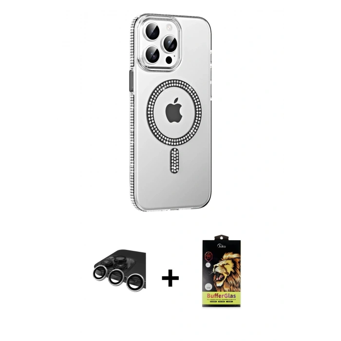 MARSİLYAN™- iPhone 14 Pro Max Kılıf Yörünge Koleksiyonu - Siyah Buffer Cam Ekran Koruyucu + Raze Metal Kamera Lens - GS