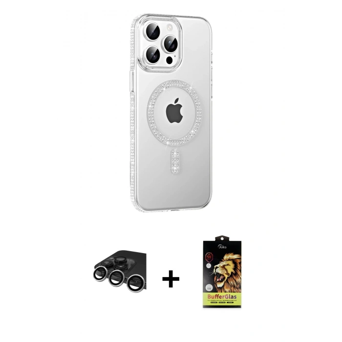 MARSİLYAN™- iPhone 14 Pro Max Kılıf Yörünge Koleksiyonu - Siyah Buffer Cam Ekran Koruyucu + Raze Metal Kamera Lens - GS