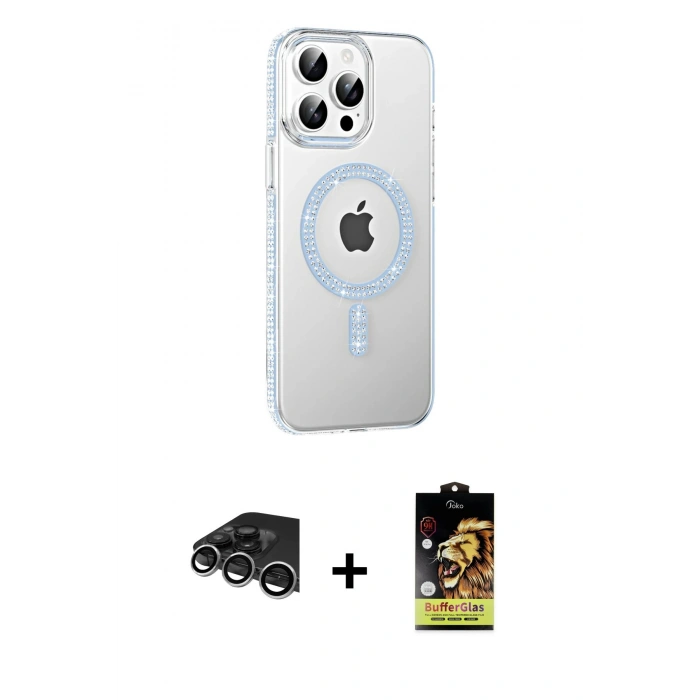 MARSİLYAN™- iPhone 14 Pro Max Kılıf Yörünge Koleksiyonu - Siyah Buffer Cam Ekran Koruyucu + Raze Metal Kamera Lens - GS