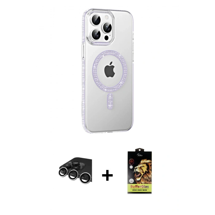 MARSİLYAN™- iPhone 14 Pro Max Kılıf Yörünge Koleksiyonu - Siyah Buffer Cam Ekran Koruyucu + Raze Metal Kamera Lens - GS