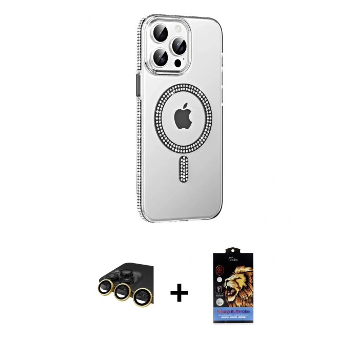 MARSİLYAN™- iPhone 14 Pro Max Kılıf Yörünge Koleksiyonu - Siyah Buffer Hayalet Cam Ekran Koruyucu + Raze Metal Kamera Lens - GD