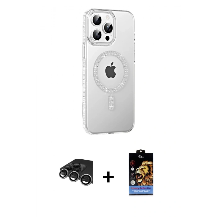 MARSİLYAN™- iPhone 14 Pro Max Kılıf Yörünge Koleksiyonu - Siyah Buffer Hayalet Cam Ekran Koruyucu + Raze Metal Kamera Lens - GS
