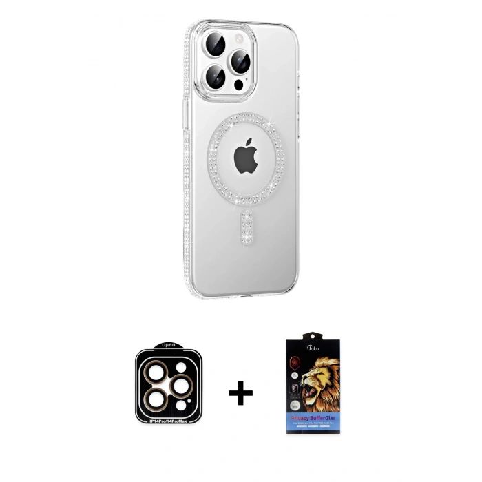 MARSİLYAN™- iPhone 14 Pro Max Kılıf Yörünge Koleksiyonu - Siyah Buffer Hayalet Cam Ekran Koruyucu + Turuncu PVD Metal Kamera Lens