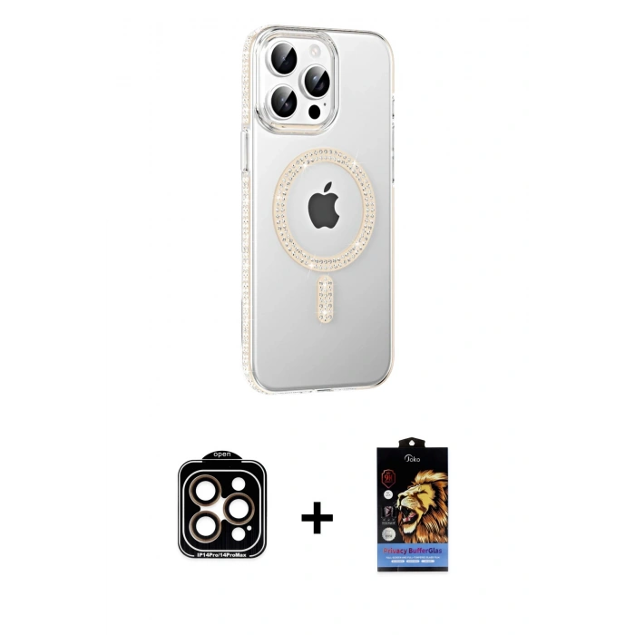 MARSİLYAN™- iPhone 14 Pro Max Kılıf Yörünge Koleksiyonu - Siyah Buffer Hayalet Cam Ekran Koruyucu + Turuncu PVD Metal Kamera Lens