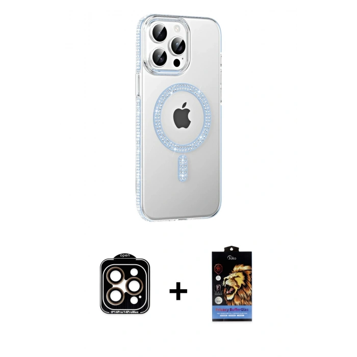 MARSİLYAN™- iPhone 14 Pro Max Kılıf Yörünge Koleksiyonu - Siyah Buffer Hayalet Cam Ekran Koruyucu + Turuncu PVD Metal Kamera Lens