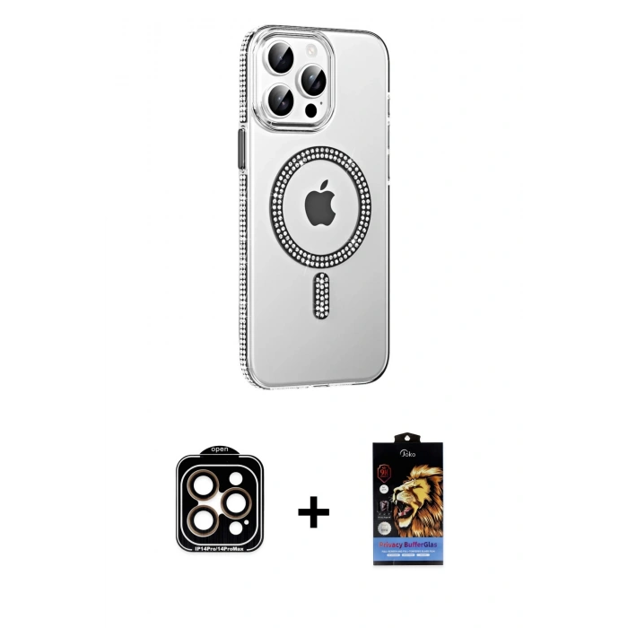 MARSİLYAN™- iPhone 14 Pro Max Kılıf Yörünge Koleksiyonu - Siyah Buffer Hayalet Cam Ekran Koruyucu + Turuncu PVD Metal Kamera Lens