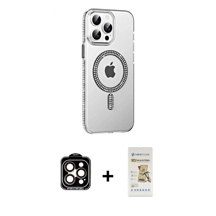 MARSİLYAN™- iPhone 14 Pro Max Kılıf Yörünge Koleksiyonu - Siyah Mat Seramik Nano Ekran Koruyucu + Turuncu PVD Metal Kamera Lens