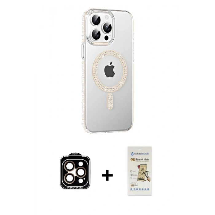 MARSİLYAN™- iPhone 14 Pro Max Kılıf Yörünge Koleksiyonu - Siyah Mat Seramik Nano Ekran Koruyucu + Turuncu PVD Metal Kamera Lens