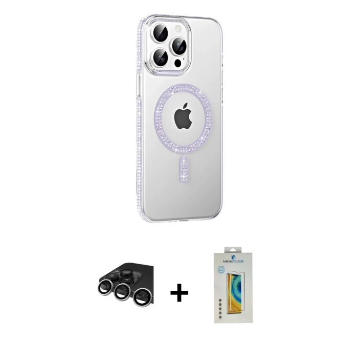 MARSİLYAN™- iPhone 14 Pro Max Kılıf Yörünge Koleksiyonu - Siyah Polymer Nano Ekran Koruyucu + Gümüş Raze Metal Kamera Lens