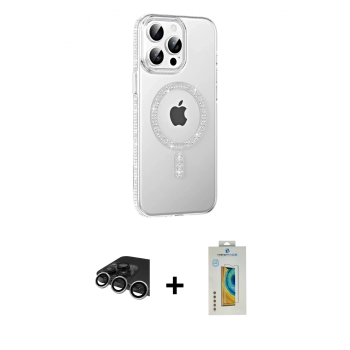 MARSİLYAN™- iPhone 14 Pro Max Kılıf Yörünge Koleksiyonu - Siyah Polymer Nano Ekran Koruyucu + Gümüş Raze Metal Kamera Lens