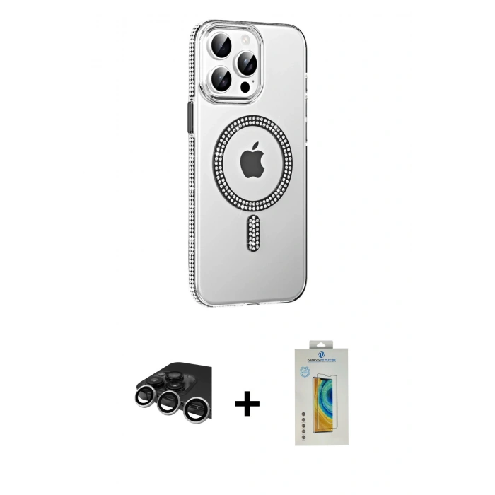 MARSİLYAN™- iPhone 14 Pro Max Kılıf Yörünge Koleksiyonu - Siyah Polymer Nano Ekran Koruyucu + Gümüş Raze Metal Kamera Lens