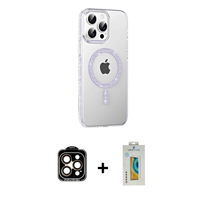 MARSİLYAN™- iPhone 14 Pro Max Kılıf Yörünge Koleksiyonu - Siyah Polymer Nano Ekran Koruyucu + PVD Metal Kamera Lens - TU