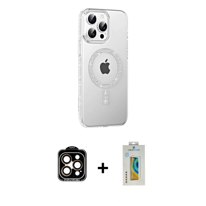 MARSİLYAN™- iPhone 14 Pro Max Kılıf Yörünge Koleksiyonu - Siyah Polymer Nano Ekran Koruyucu + PVD Metal Kamera Lens - TU