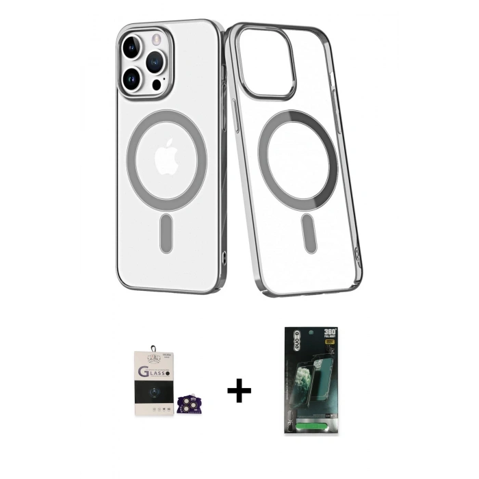 MARSİLYAN™- iPhone 14 Pro Max Kılıf Yörünge Minimal - Şeffaf 360 Full Body Arka Koruyucu + Bilvis Titan Kamera Lens - GD