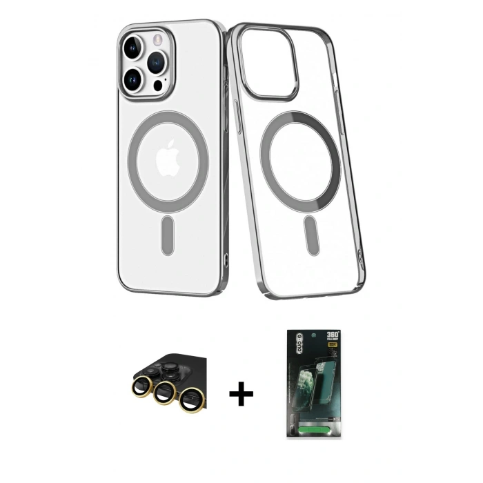MARSİLYAN™- iPhone 14 Pro Max Kılıf Yörünge Minimal - Şeffaf 360 Full Body Arka Koruyucu + Raze Metal Kamera Lens - GD
